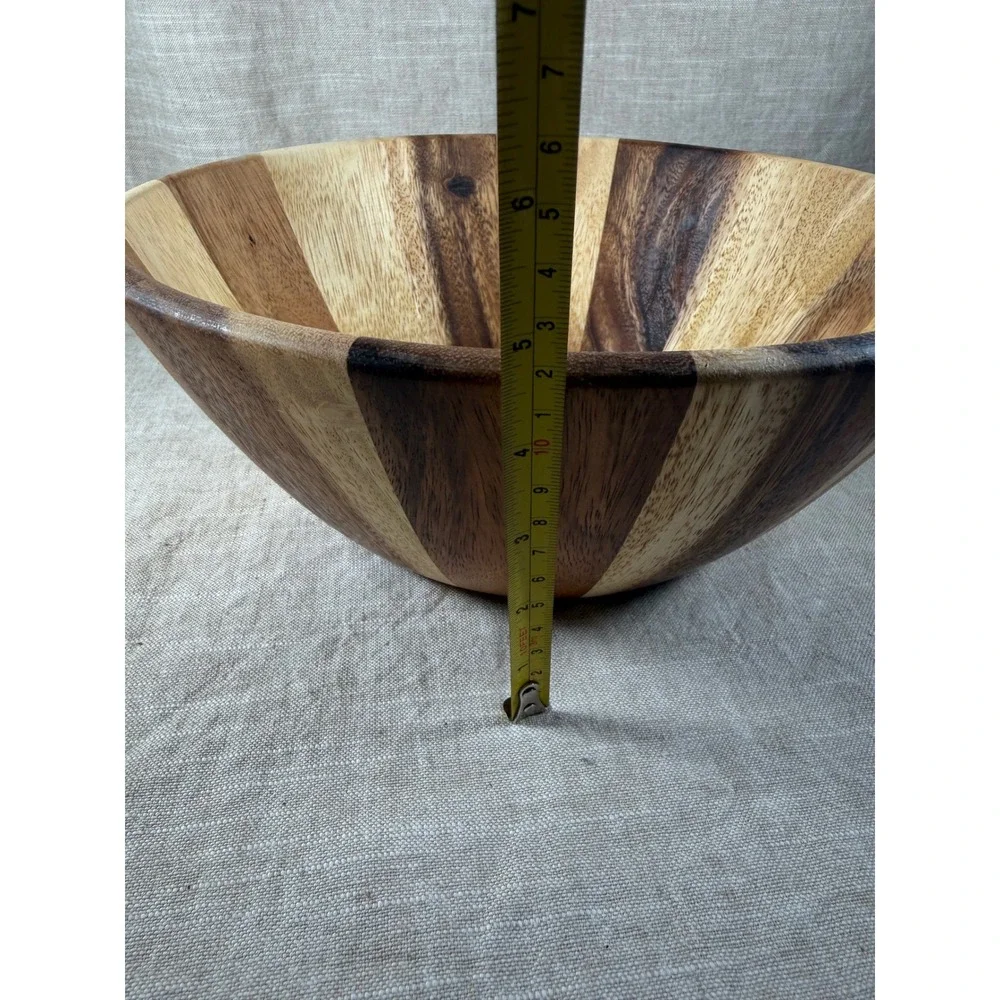 Wooden Serving Bowl Good Vintage Striped Inlay Round Large Fruit Salad Decor
